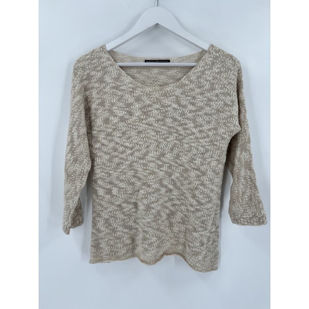 Peruvian Connection Sweater Womens Medium Beige Cotton Blend Pullover Sheer Knit